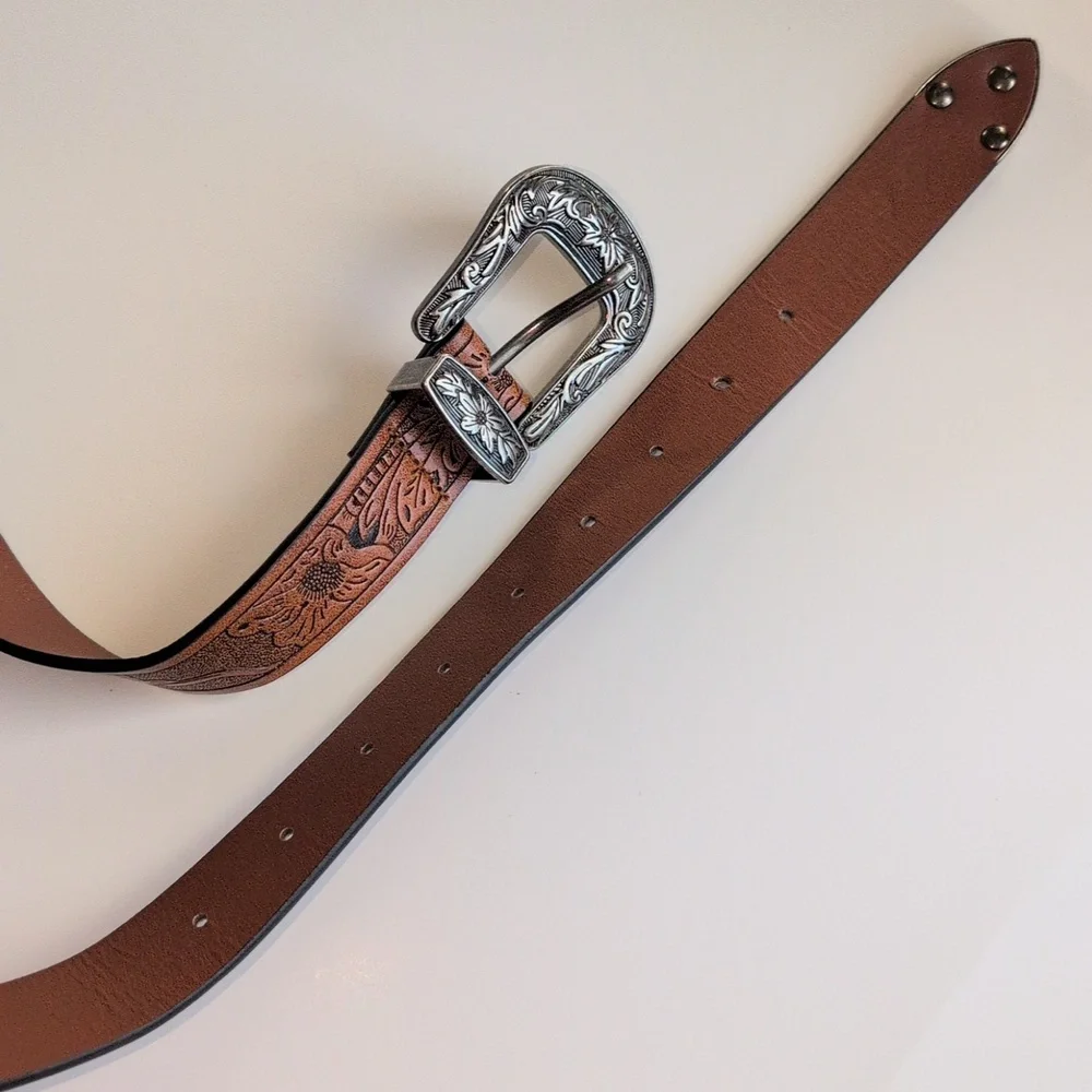 Brown Embossed Faux Leather Pleather Cowgirl Cowboy Western Tooled Belt